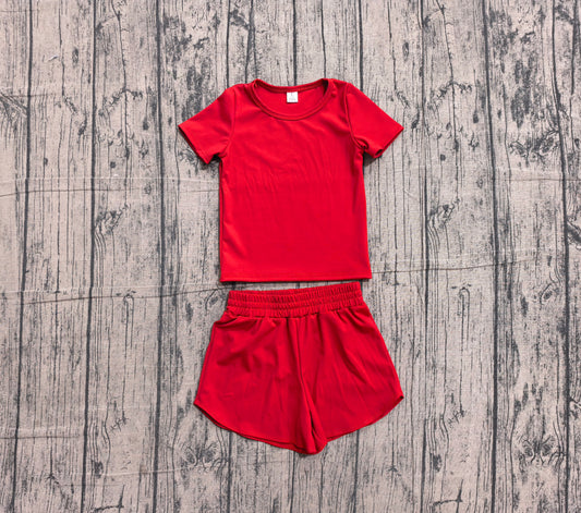 (Sample) No moq yoga fabric cotton GSSO3765（GT1634+SS0901）Baby Girls Red Short Sleeve Yoga Clothes Sets