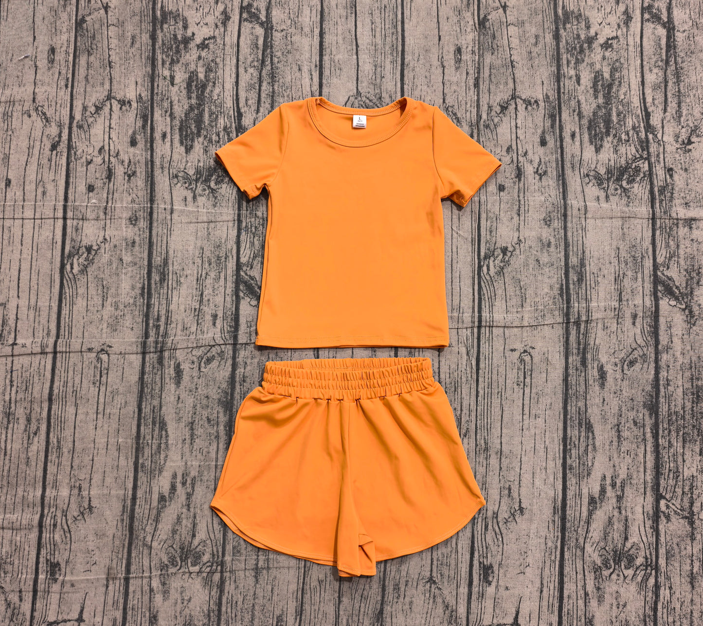 (Sample) No moq yoga fabric cotton GSSO3766（GT1635+SS0902）Baby Girls Orange Short Sleeve Sport Short Yoga Wear Sets