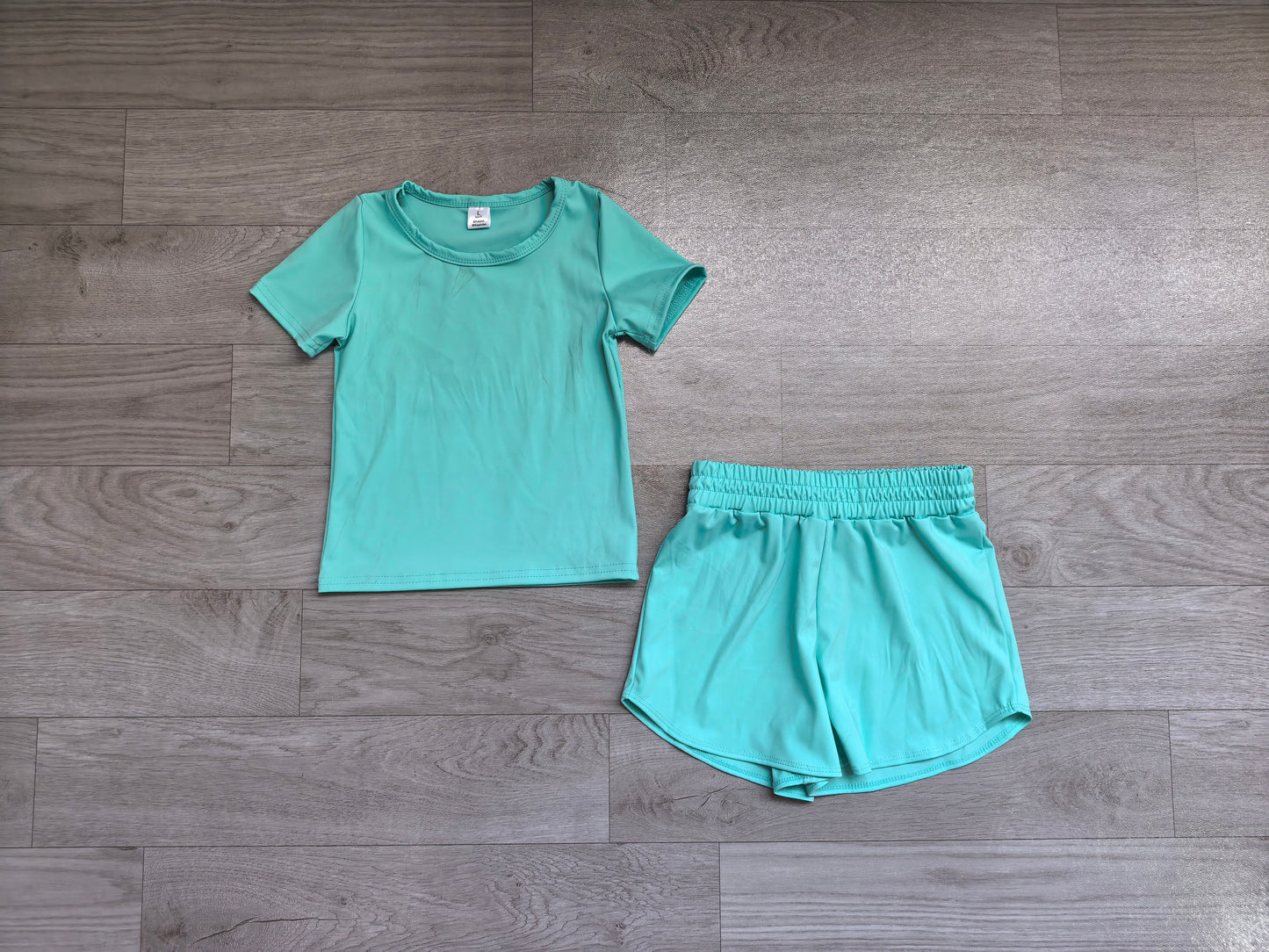 (Sample) No moq yoga fabric cotton GSSO3768 (GT1637+SS0904) Yoga Baby Girls Blue Short Sleeve Top Sport Shorts Kids Active Outfit