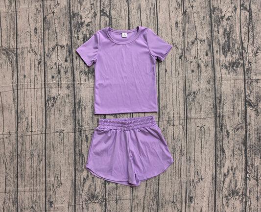 (Sample) No moq yoga fabric cotton GSSO3769（GT1638+SS0905）Baby Girls Purple Short Sleeve Sport Short Yoga Wear Sets