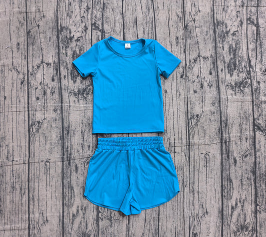 (Sample) No moq yoga fabric cotton GSSO3770（GT1639+SS0906）Baby Girls Blue Short Sleeve Sport Short Yoga Wear Sets