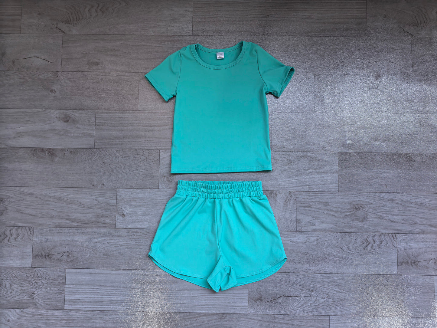 (Sample) No moq yoga fabric cotton GSSO3771（GT1640+SS0907） Yoga Baby Girls Aqua Solid Short Sleeve Top Matching Sport Shorts Yoga Active Clothes Set