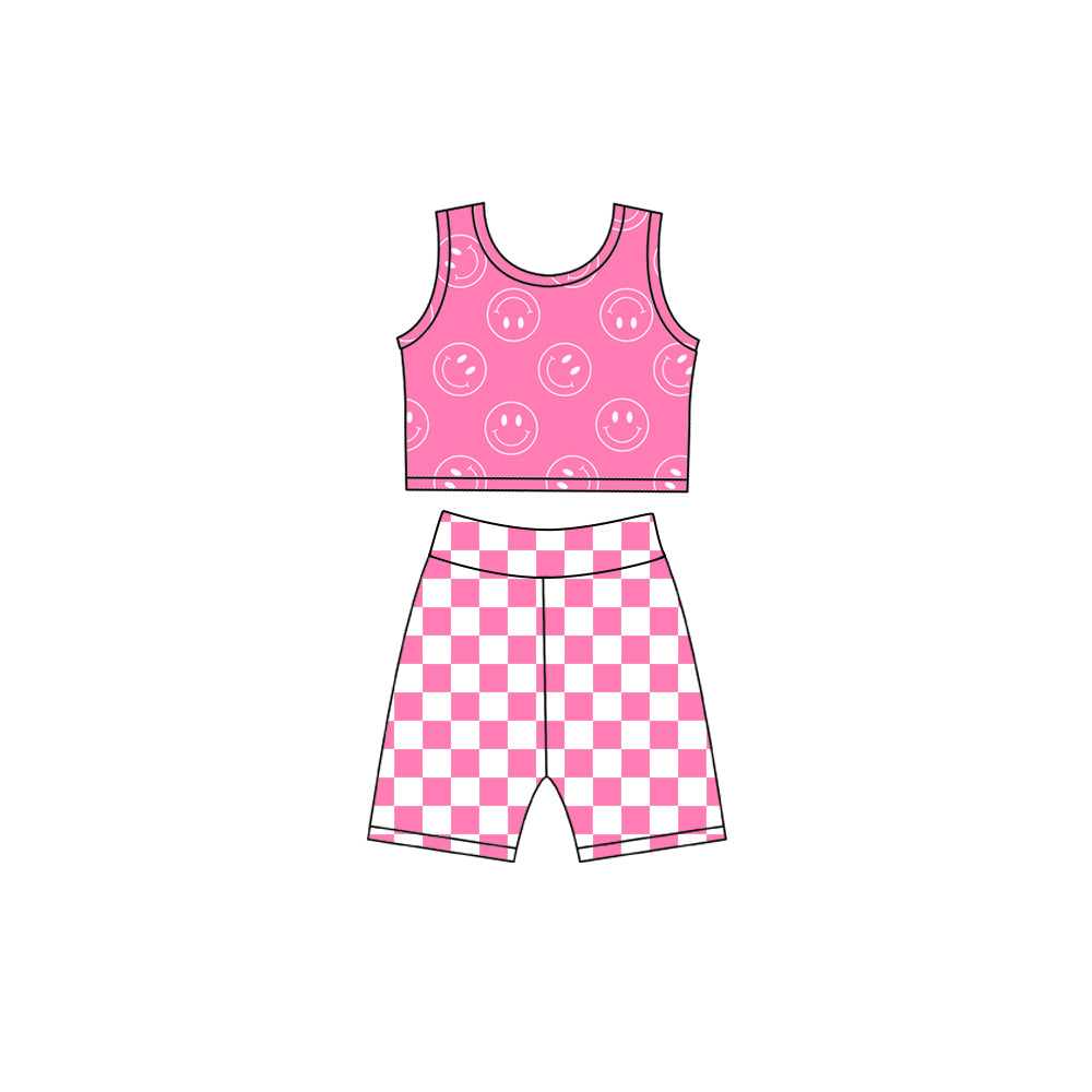 (Pre Order) No moq Yoga Baby Girls 3 Piece Pink Hoodie Sleeveless Top Checkered Shorts Yoga Set