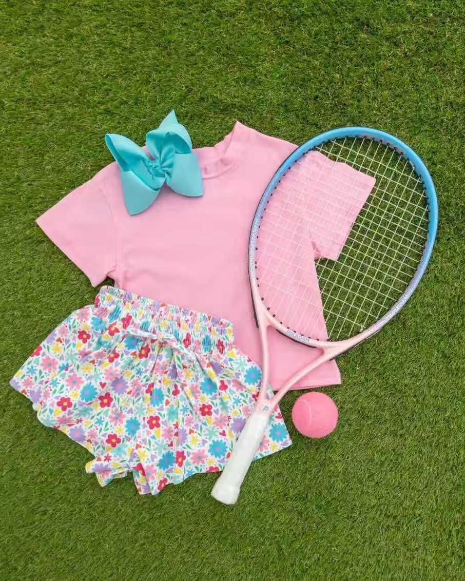 (Pre Order) No moq milk silk GSSO3790 Baby Girls Summer Pink Short Sleeve Top Colorful Butterfly Floral Set
