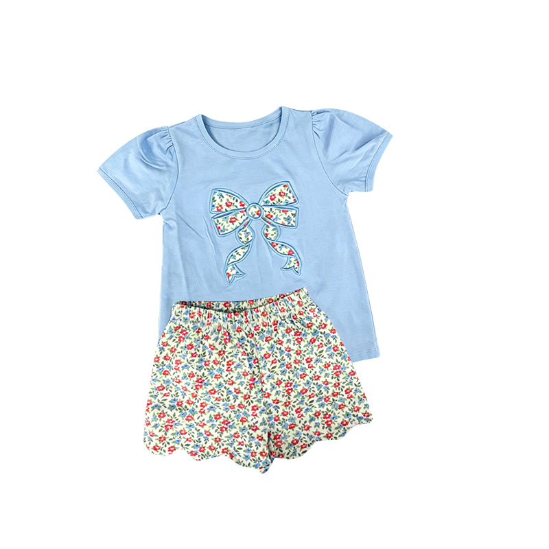(Pre Order) No moq milk silk Baby Girls Floral Bow Print Short Sleeve Top And Scallop Shorts Set
