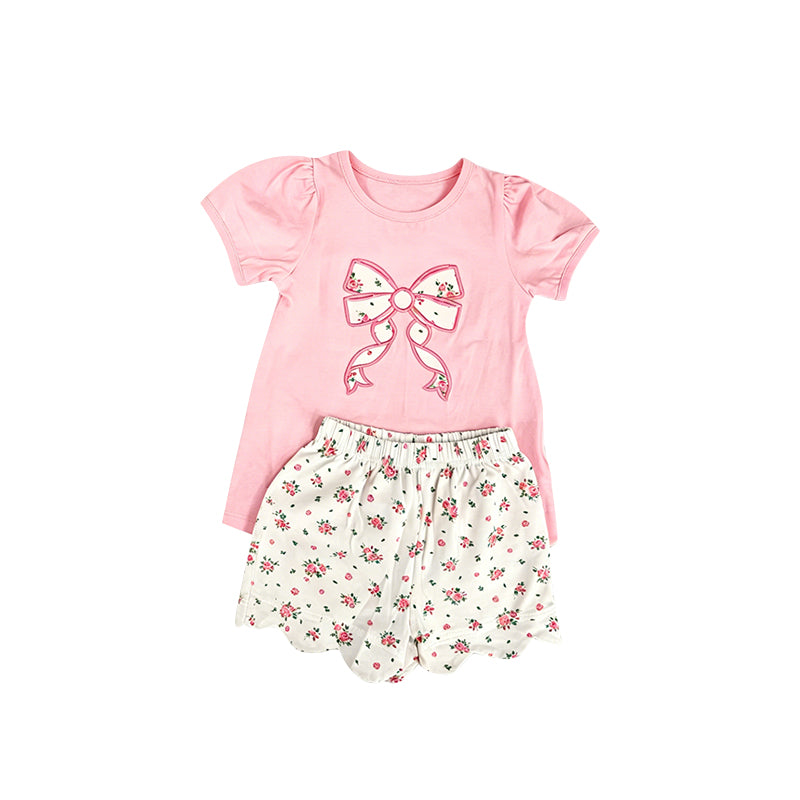 (Pre Order) No moq milk silk Baby Girls Floral Bow Print Short Sleeve Top And Scallop Shorts Set