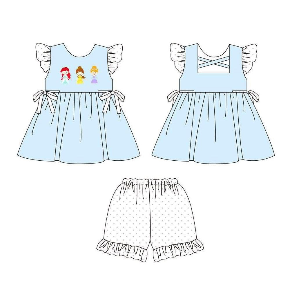 (Pre Order) No moq milk silk Cute Clothes Baby Girls Blue Ruffle Flutter Sleeve Top Shorts Set Matching Romper Dress