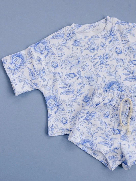(Pre Order) No moq milk silk GSSO3809 Baby Girls Short Sleeve Blue Flowers Casual Pockets Slouchy Set