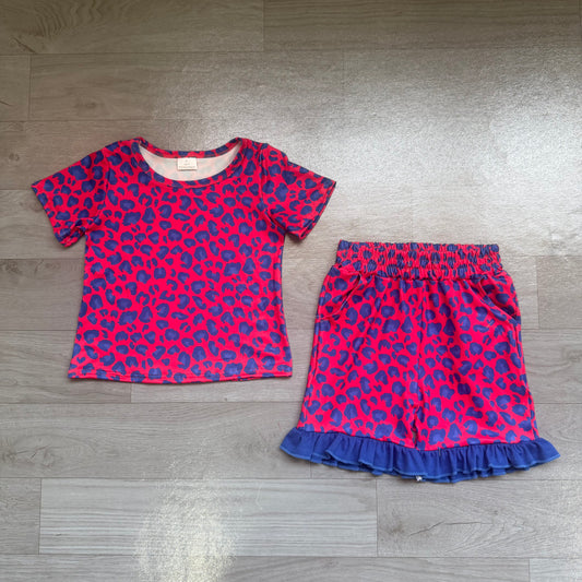 (Sample) No moq milk silk GSSO3811 Baby Girls Fashion Pink Leopard Pocket Top Ruffle Hem Shorts All Season Outfit