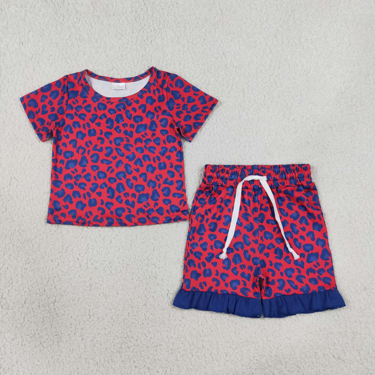 RTS NO MOQ Sibling milk silk Baby Girls Leopard Print Short Sleeve Top Ruffle Hem Shorts Summer Set