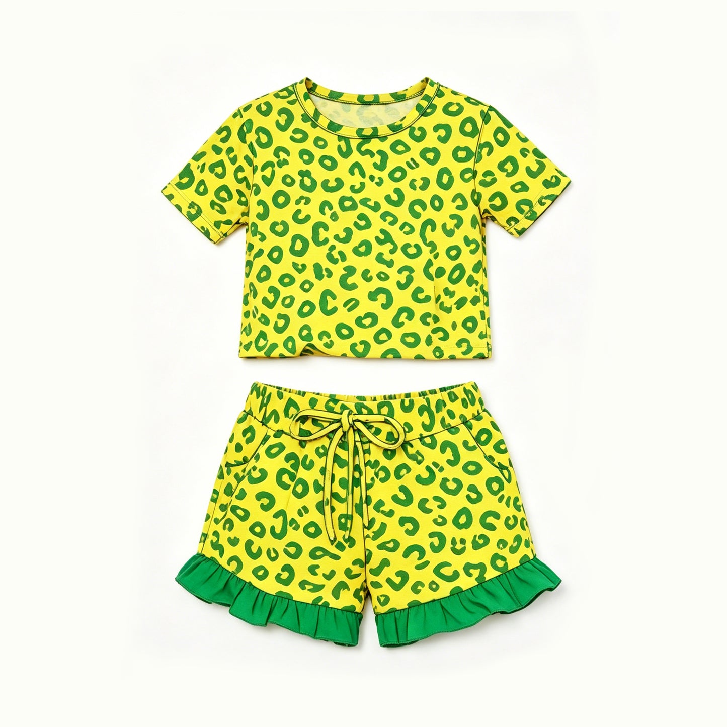 (Preorder new) No moq GSSO3812 Baby Girls Light Green Leopard Pocket Ruffle Shorts Casual Clothes Set