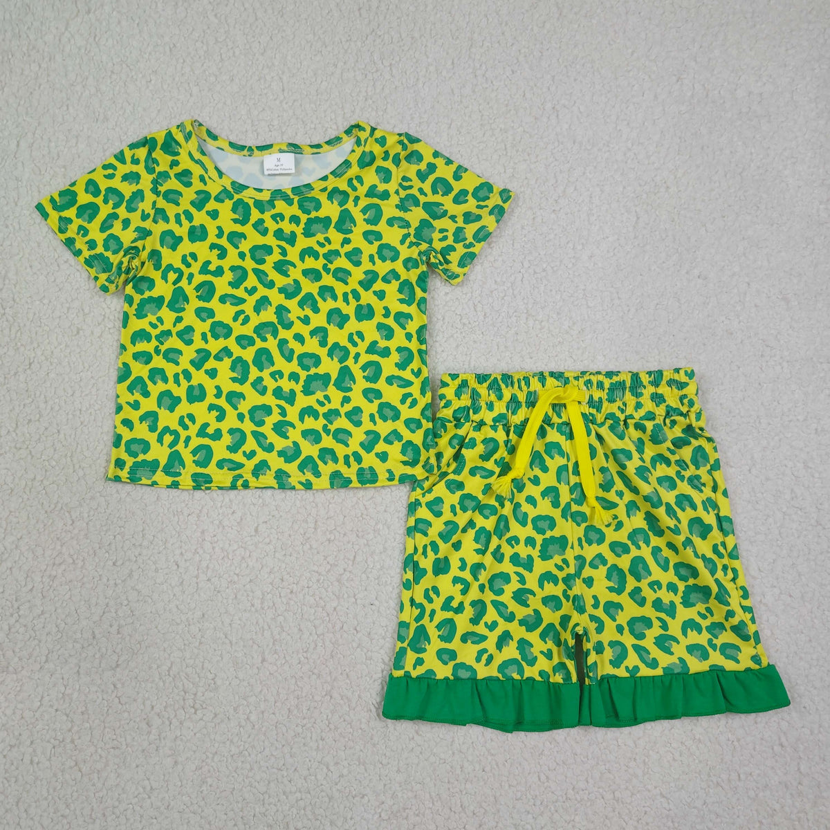 NEW RTS NO MOQ milk silk GSSO3812 Baby Girls Light Green Leopard Pocket Ruffle Shorts Casual Clothes Set