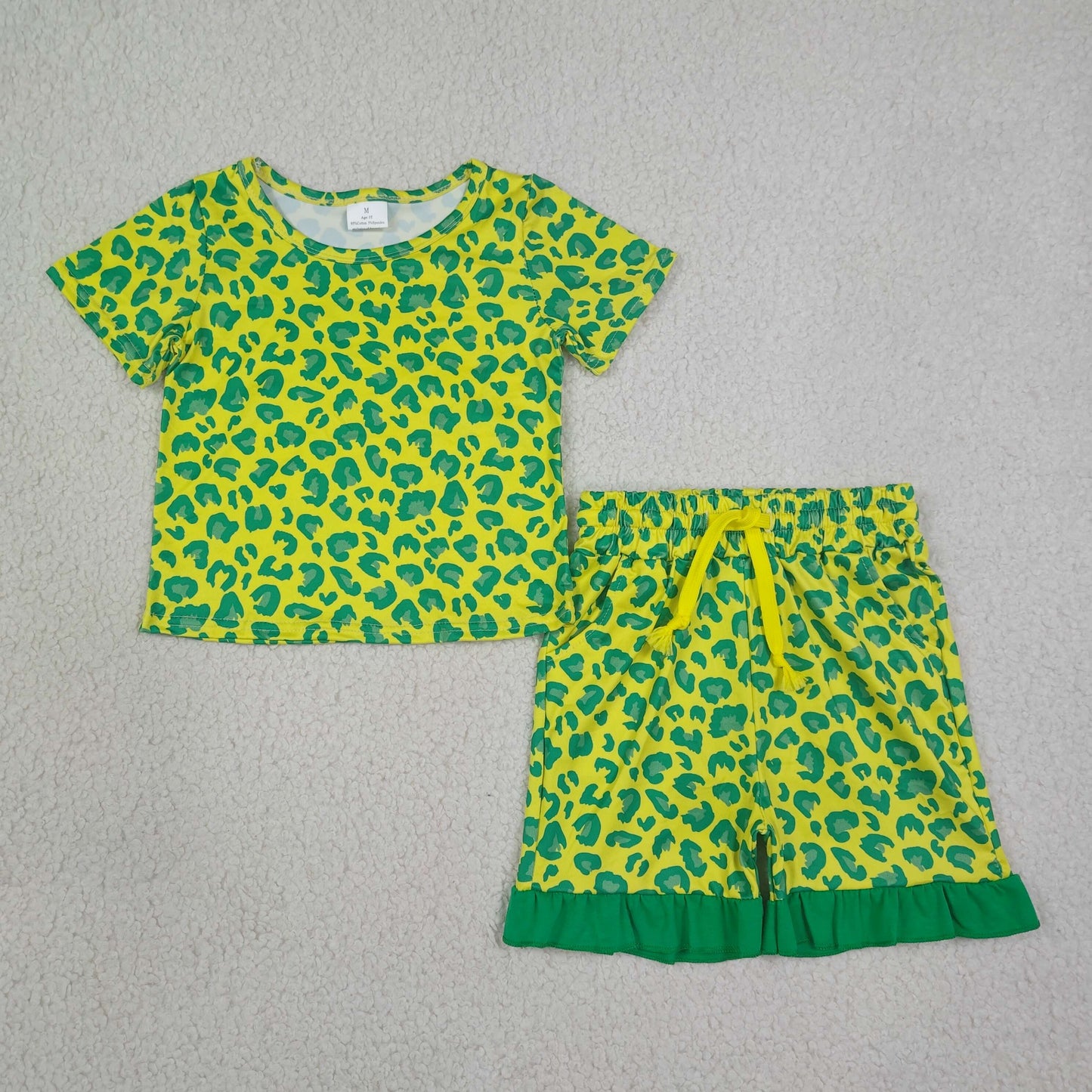 NEW RTS NO MOQ milk silk GSSO3812 Baby Girls Light Green Leopard Top Pockets Ruffle Short Clothes Sets
