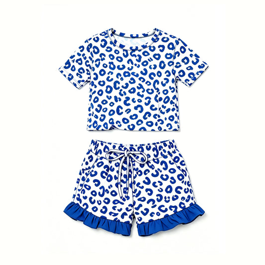 (Preorder new) No moq GSSO3813 Baby Girls Blue Leopard Crew Neck Top Side Pockets Elastic Ruffle Hem Shorts Two Piece Outfit