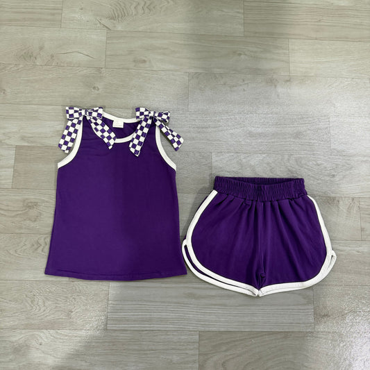 (Sample) No moq milk silk GSSO3814 Baby Girls Purple Checked Bow Sleeveless Top Elastic Waist Short Bottom Outfit Set