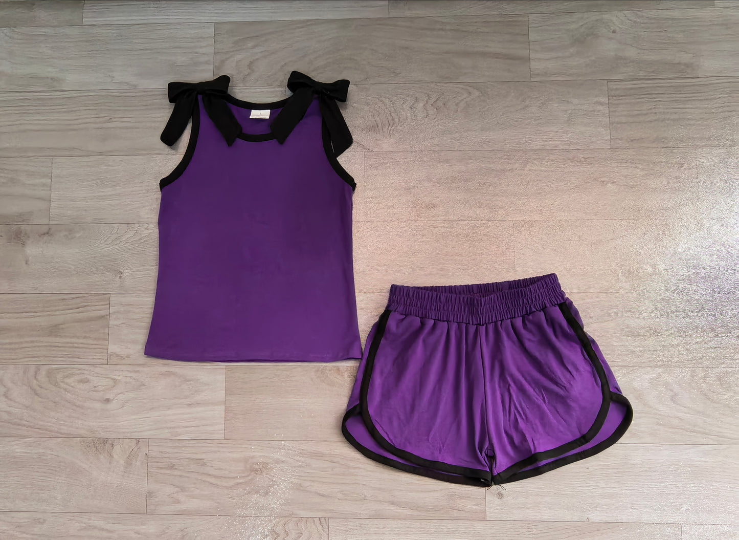 (Sample) No moq milk silk GSSO3815 Baby Girls Purple Black Bows Sleeveless Top Short Clothes Sets