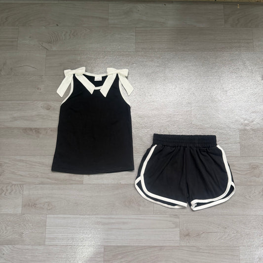 (Sample) No moq milk silk GSSO3817 Baby Girls White And Black Bow  Sleeveless Top Elastic Waist Short Bottom Outfit Set