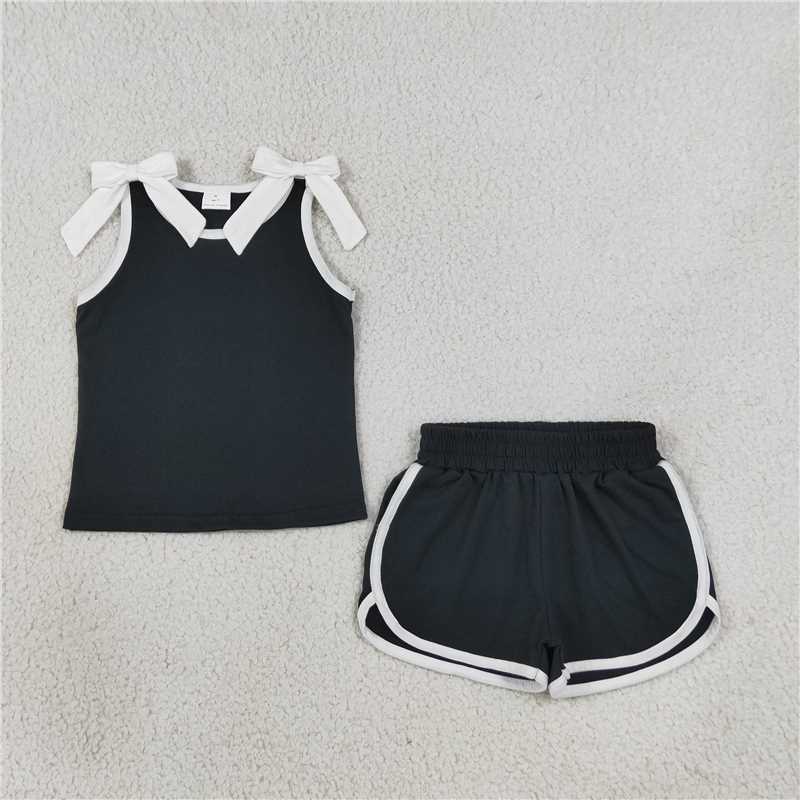 RTS NO MOQ Sibling cotton Baby Girls Bows Sleeveless Top Short Clothes Sets