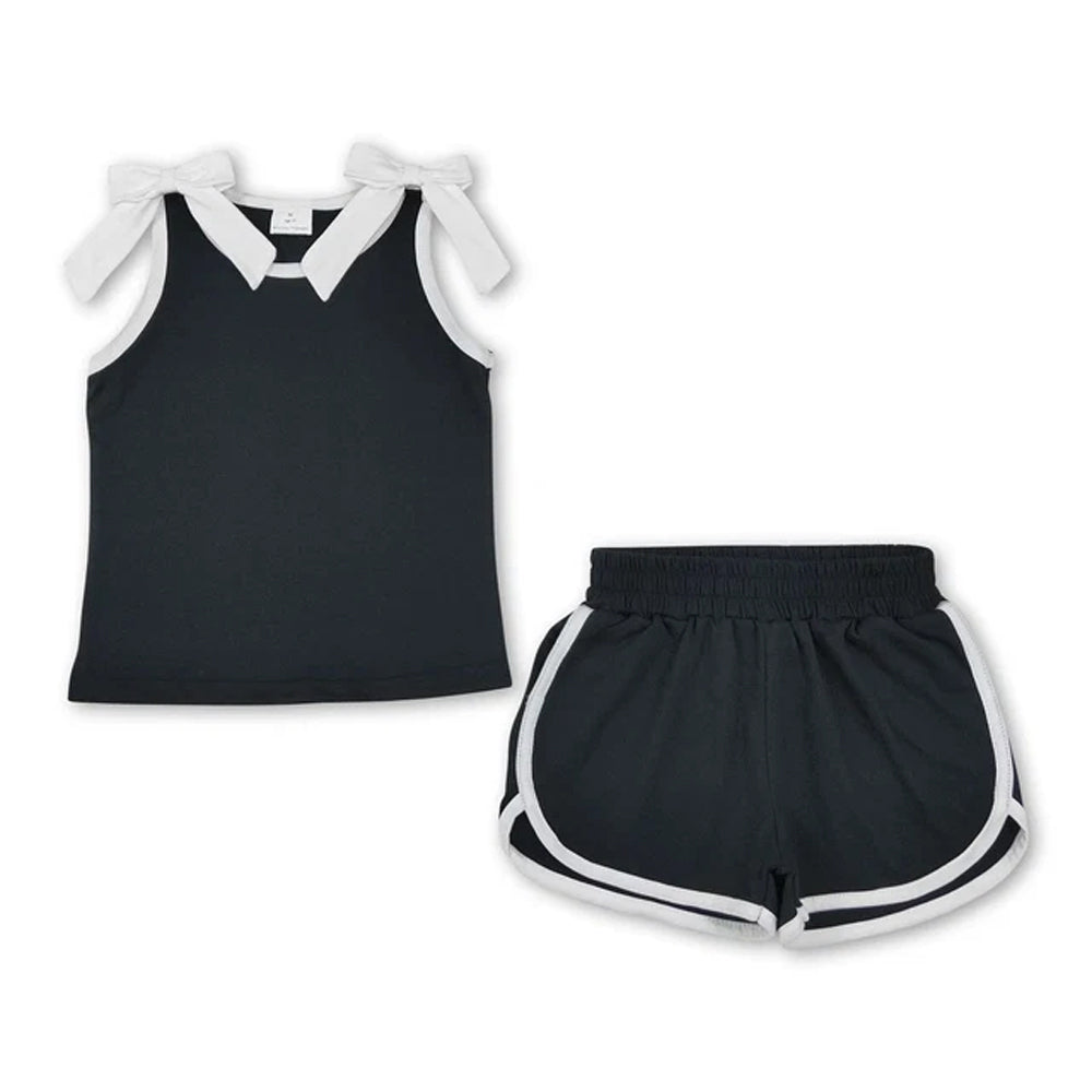RTS NO MOQ Sibling cotton Baby Girls Black White Contrast Trim Sleeveless Summer Outfit Skort Shorts Wrap And A Line Dress
