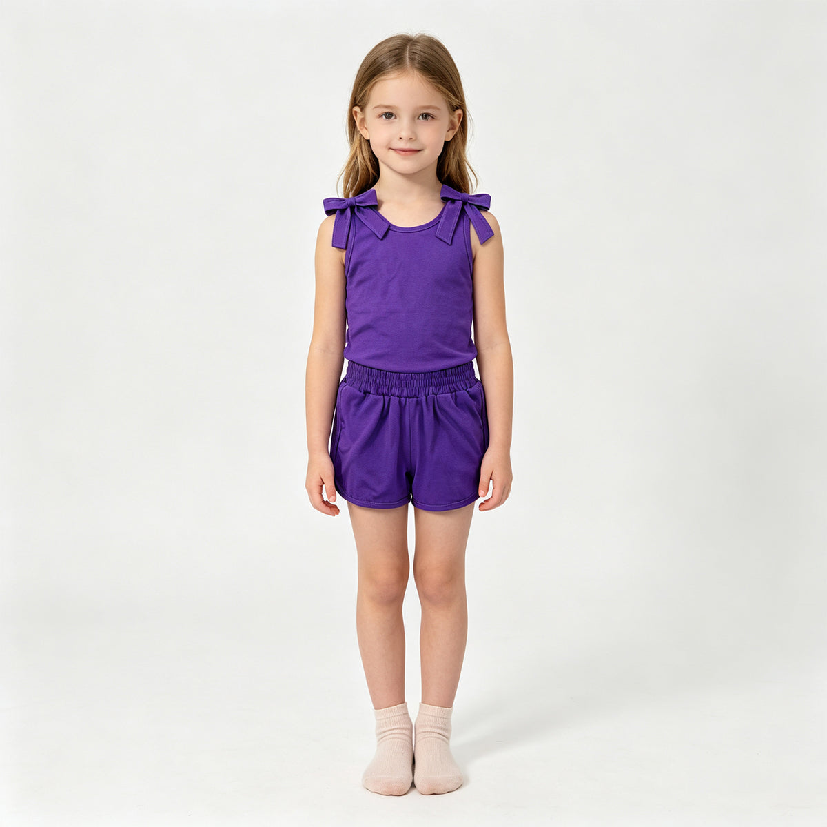 (Sample) No moq cotton GSSO3818 Baby Girls Purple Bows Decor Sleeveless Top Side Pockets Short Clothes Sets