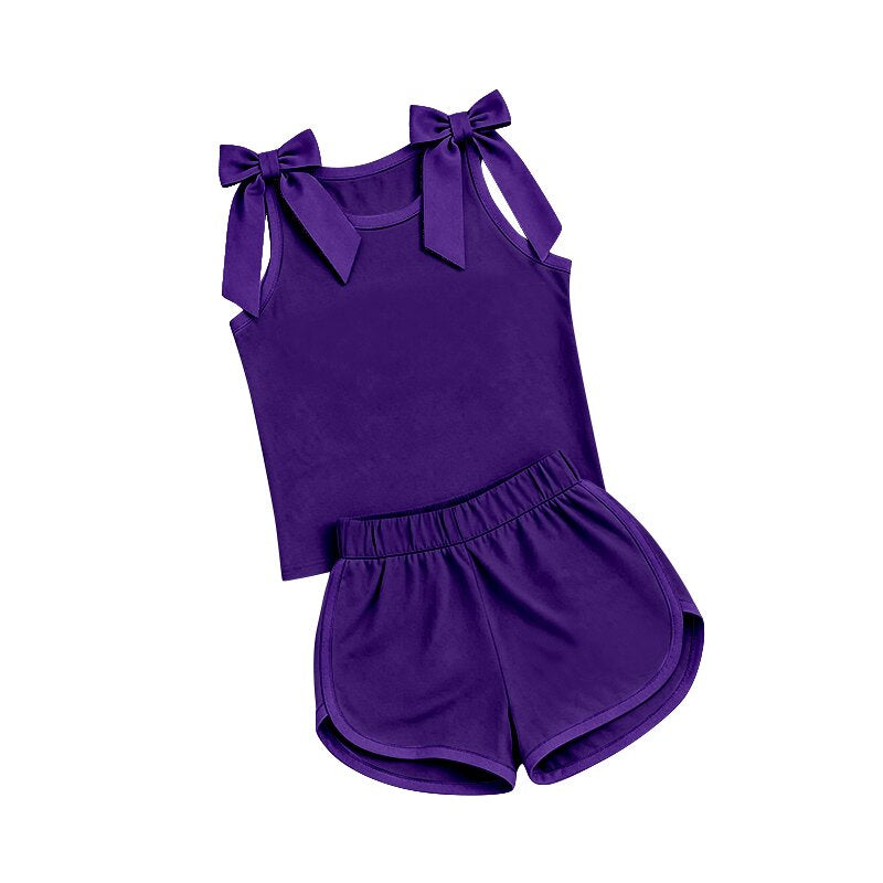 (Preorder new) No moq Baby Girls Bow Print Sleeveless Tank Top And Shorts Two Piece Matching Clothes Sets