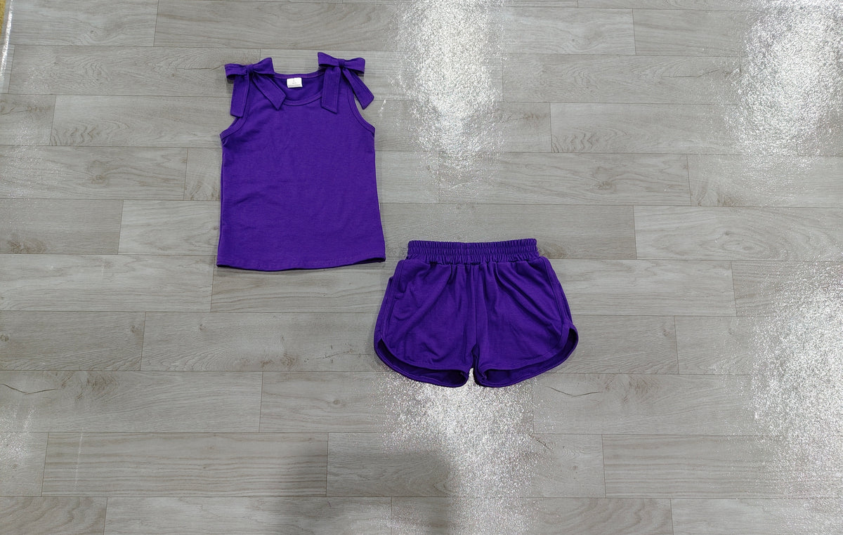 (Sample) No moq cotton GSSO3818 Baby Girls Purple Bows Decor Sleeveless Top Side Pockets Short Clothes Sets