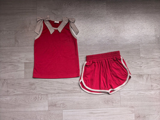 (Sample) No moq cotton GSSO3820 Baby Girls Red Grey Bow Print Sleeveless Top Shorts Summer Clothes Set