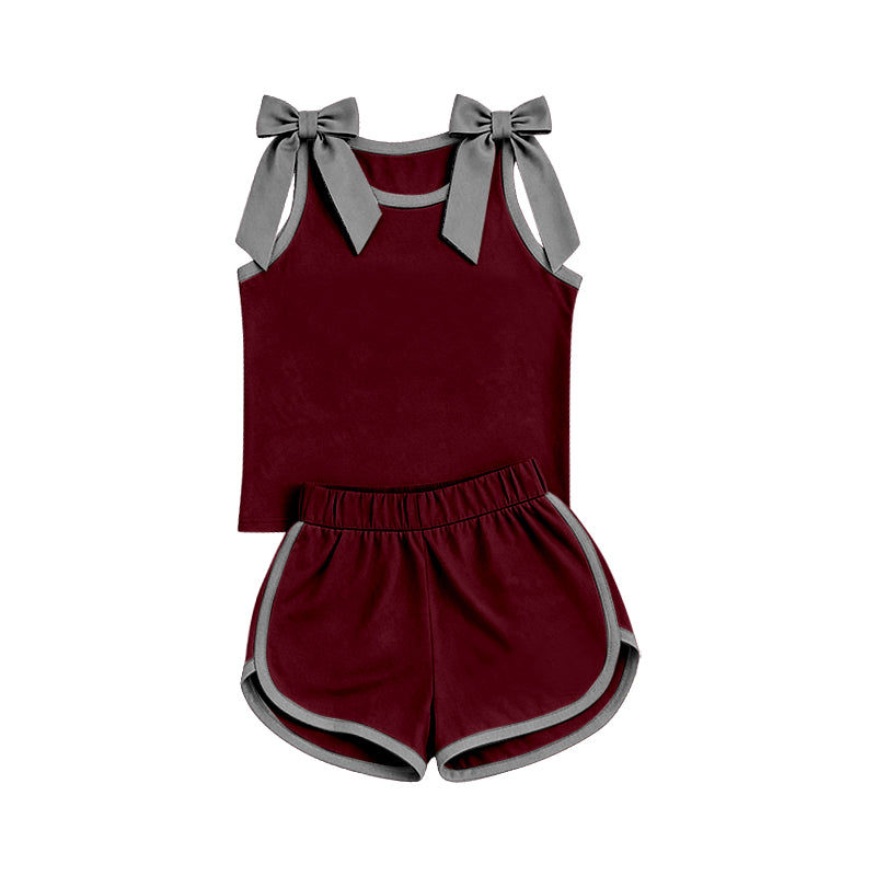 (Pre Order) No moq Baby Girls Solid Color Bow Sleeveless Top Shorts Summer Clothes Set
