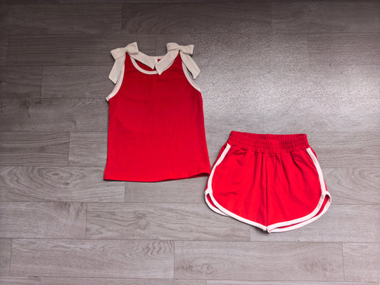 (Sample) No moq cotton GSSO3821 Baby Girls Red White Bow Print Sleeveless Top Shorts Summer Clothes Set