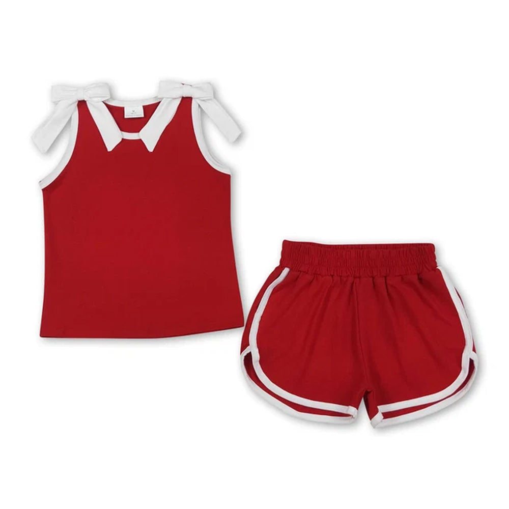 RTS NO MOQ Sibling cotton Baby Girls Bow Solid Sleeveless Top Matching Shorts Daily Clothes Set