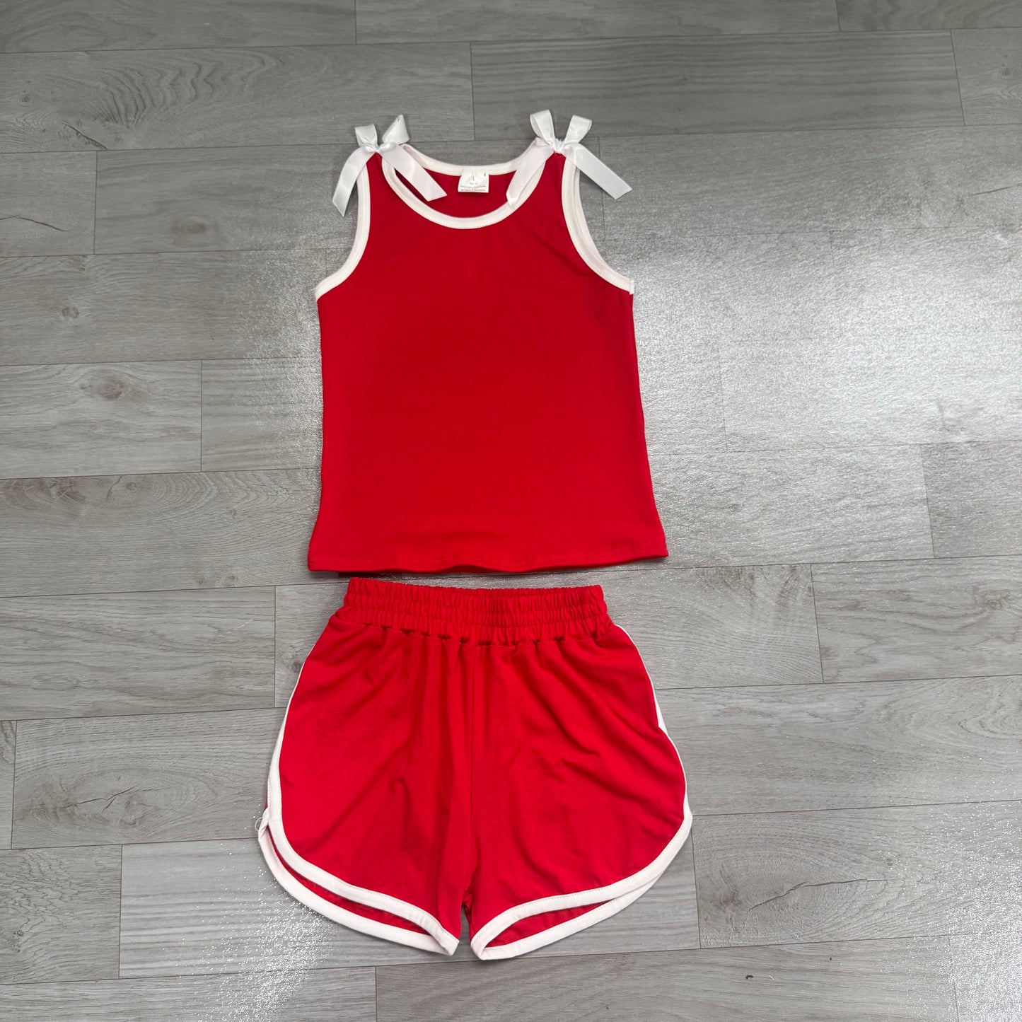 (Sample) No moq cotton GSSO3821 Baby Girls Red White Bow Print Sleeveless Top Skort Summer Clothes Set
