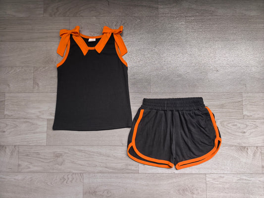 (Sample) No moq cotton GSSO3822 Baby Girls Orange Black Bow Print Sleeveless Top Shorts Summer Clothes Set