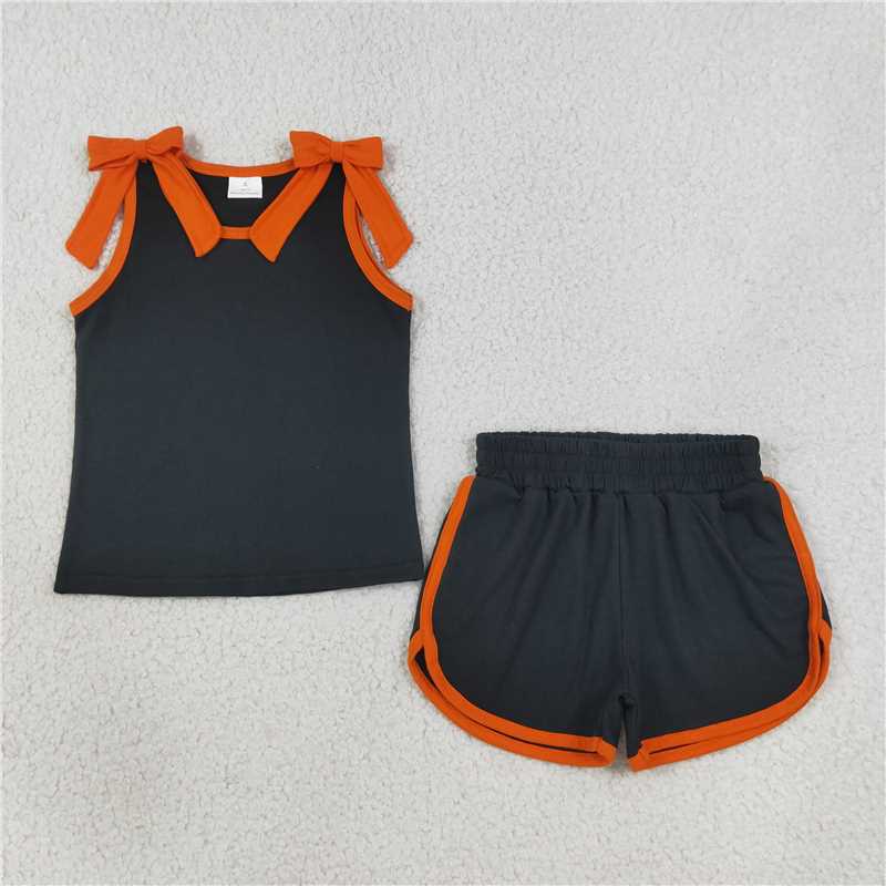 RTS NO MOQ Sibling cotton Baby Girls Bows Sleeveless Top Short Clothes Sets