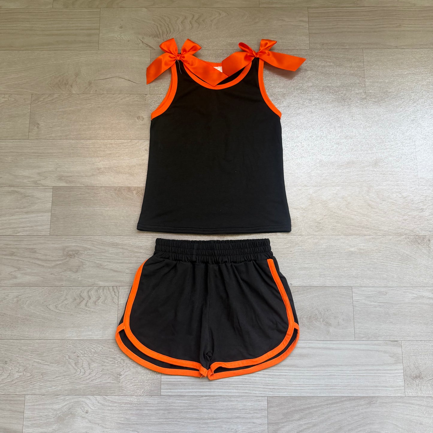 (Sample) No moq cotton GSSO3822 Baby Girls Orange Black Bow Print Sleeveless Top Shorts Summer Clothes Set