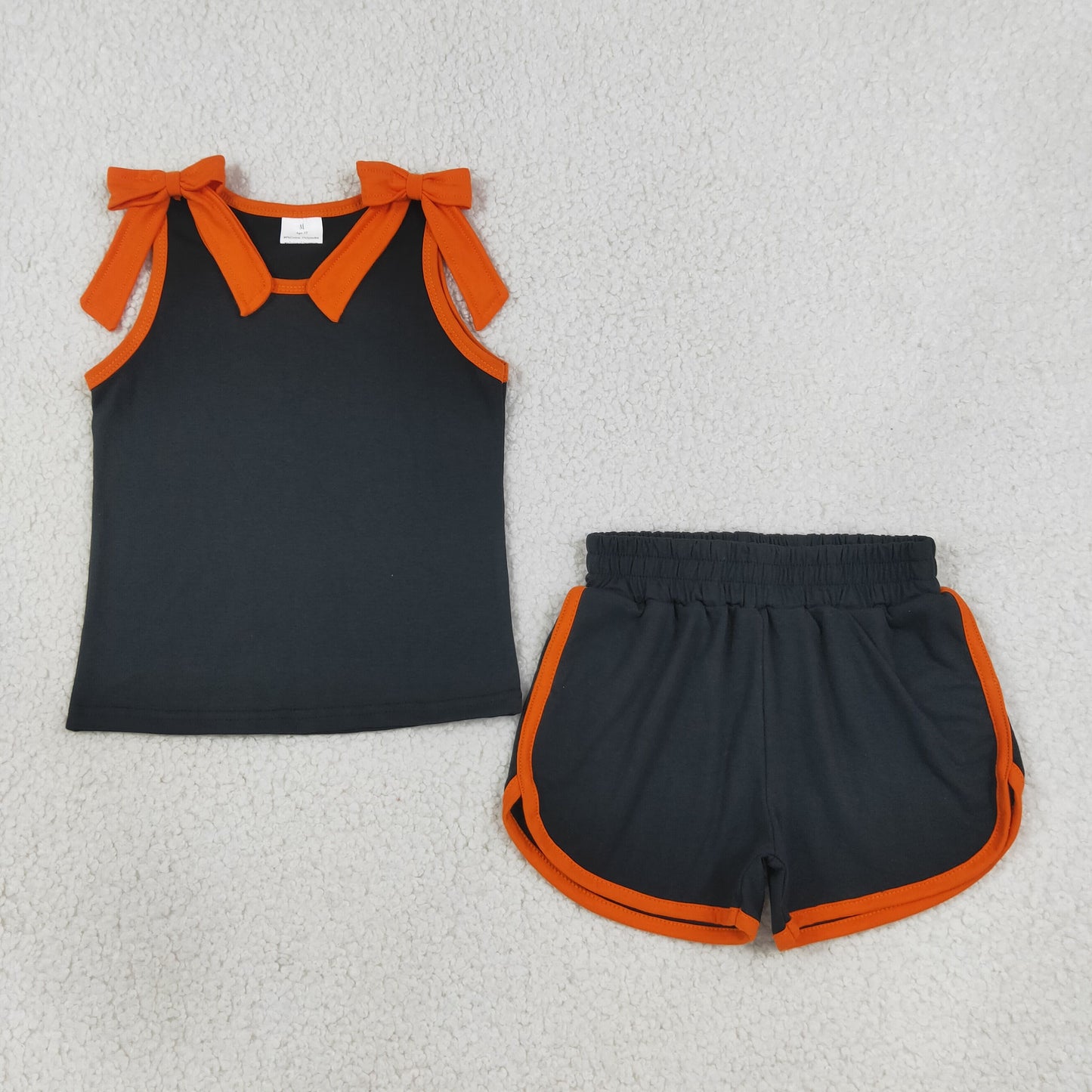 NEW RTS NO MOQ cotton GSSO3822 Baby Girls Orange Black Bow Print Sleeveless Top Shorts Summer Set