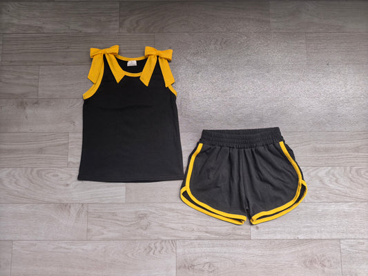 (Sample) No moq cotton GSSO3823 Baby Girls Yellow Black Bow Print Sleeveless Top Shorts Summer Clothes Set