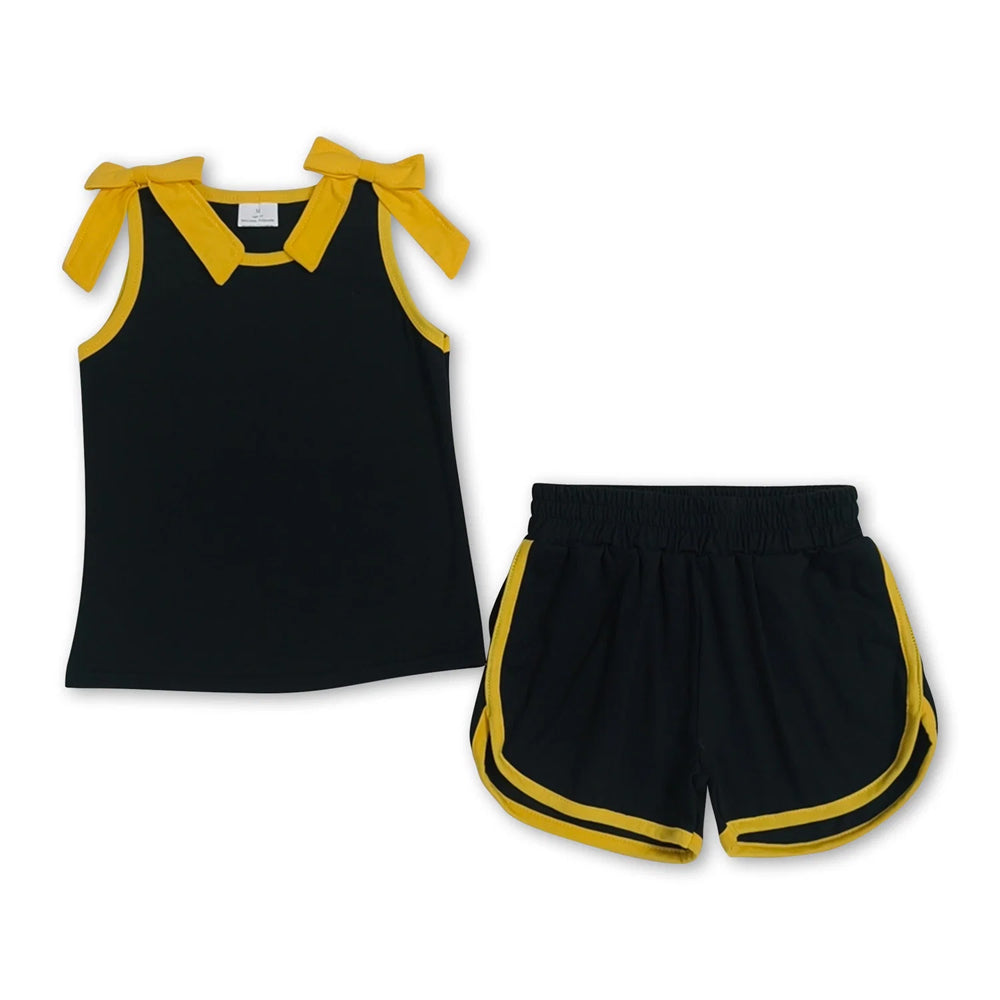 RTS NO MOQ Sibling cotton Baby Girls Bow Solid Sleeveless Top Matching Shorts Daily Clothes Set