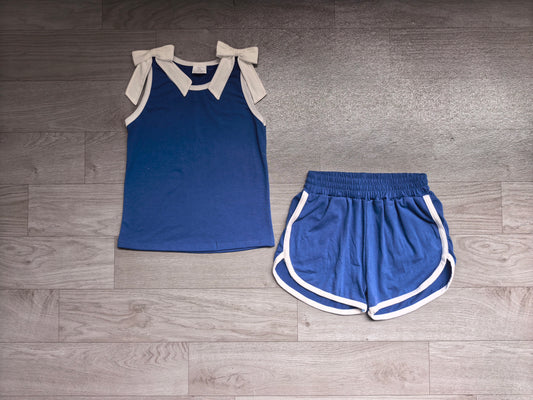 (Sample) No moq cotton GSSO3824 Baby Girls Blue White Bow Print Sleeveless Top Shorts Summer Clothes Set