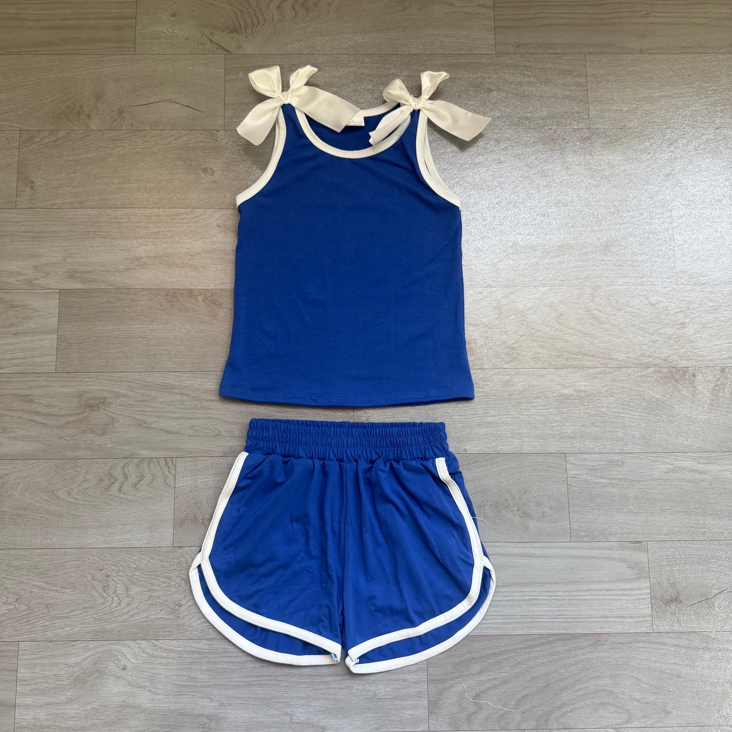 (Sample) No moq cotton GSSO3824 Baby Girls Blue White Bow Print Sleeveless Top Shorts Summer Clothes Set