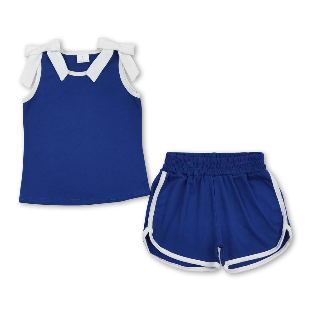 RTS NO MOQ Sibling cotton Baby Girls Bow Solid Sleeveless Top Matching Shorts Daily Clothes Set