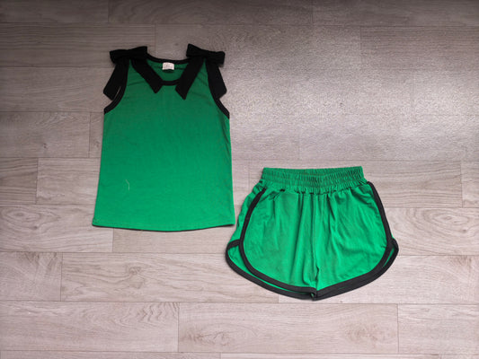 (Sample) No moq cotton GSSO3825 Baby Girls Black Green Bow Print Sleeveless Top Shorts Summer Clothes Set