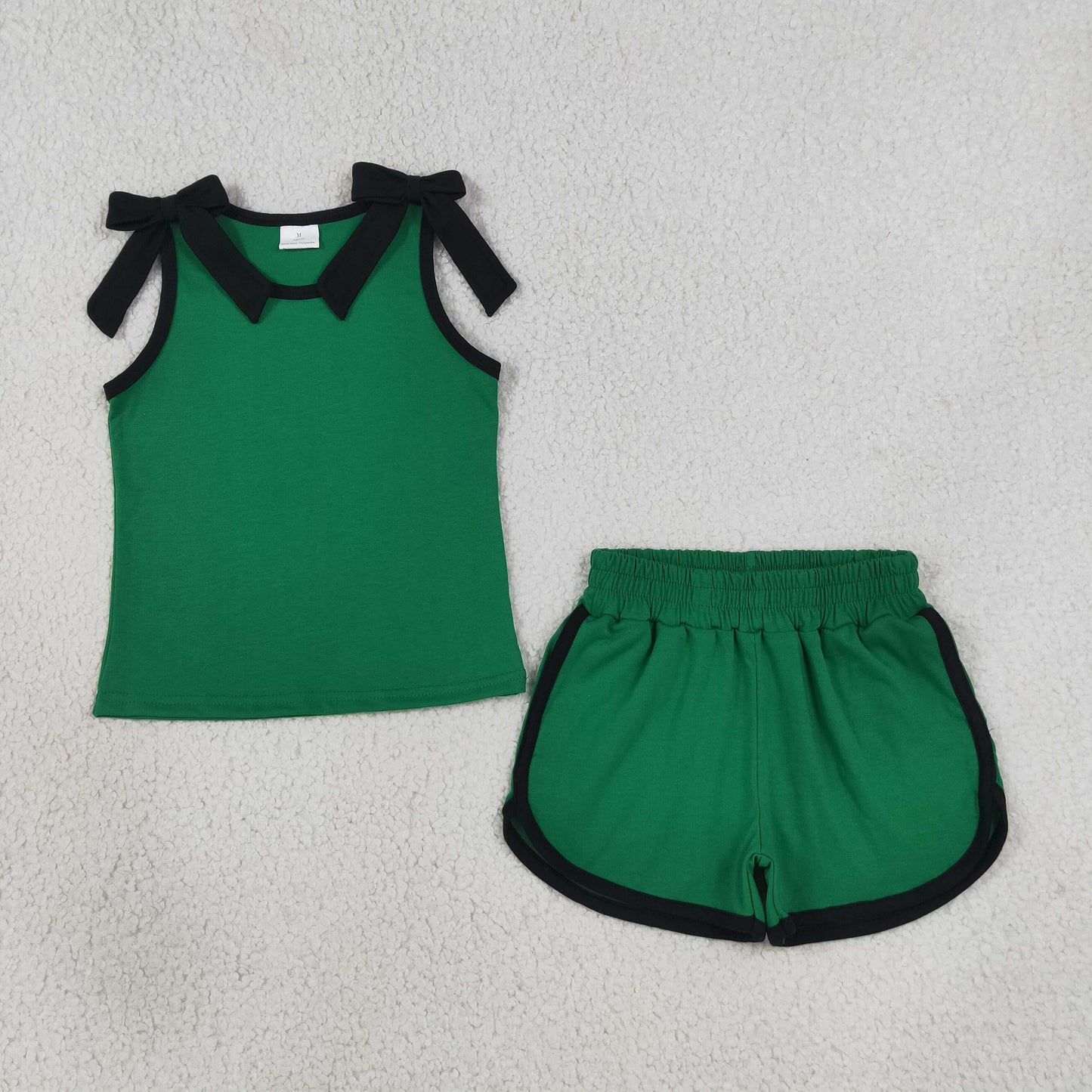 NEW RTS NO MOQ cotton GSSO3825 Baby Girls Black Green Bow Print Sleeveless Top Shorts Summer Set