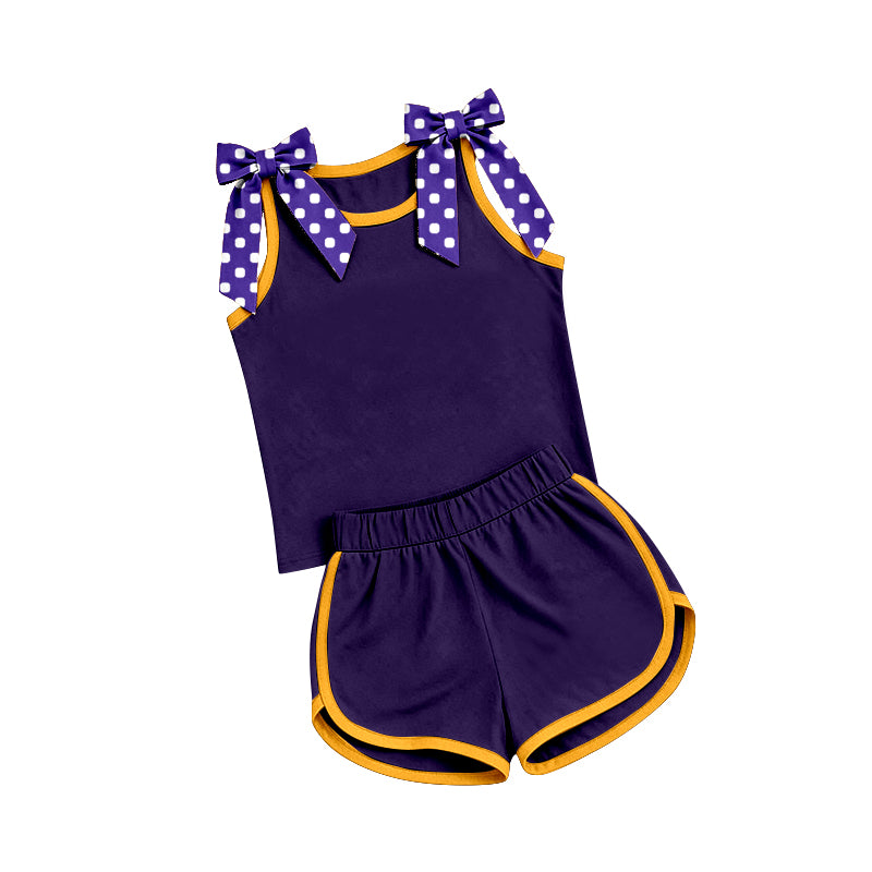 (Preorder new) No moq GSSO3826 Baby Girls Purple Polka Dot Print Bow Sleeveless Top Casual Shorts Sets