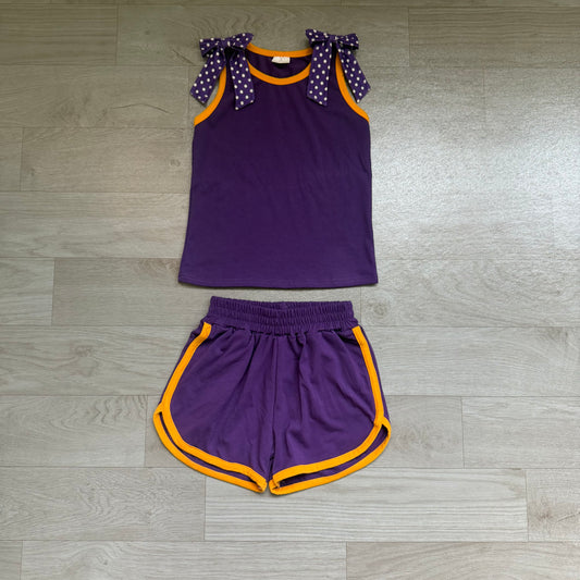 (Sample) No moq cotton GSSO3826 Baby Girls Purple Polka Dot Print Bow Sleeveless Top Casual Shorts Sets