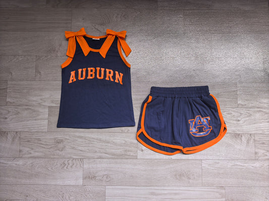 (Sample) No moq milk silk GSSO3828 Vinyl Baby Girls Team Solid Orange Bow Sleeveless  Navy Print Top Elastic Waist Short Bottom Outfit Set