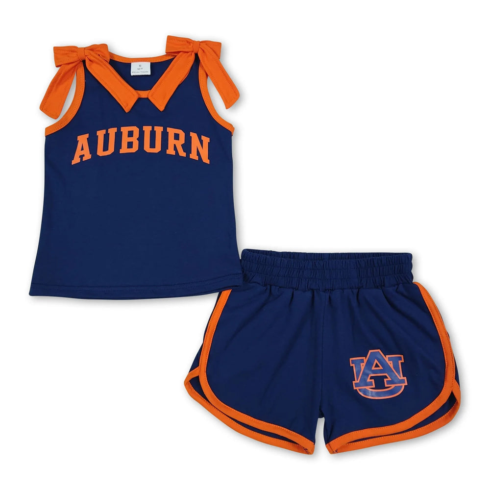 RTS NO MOQ Sibling Vinyl Baby Girls Team Graphic Top With White Bow Matching Shorts Team Clothes Set