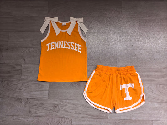 (Sample) No moq milk silk GSSO3829 Vinyl Baby Girls Team Solid Bow Orange  Sleeveless Print Top Elastic Waist Short Bottom Outfit Set