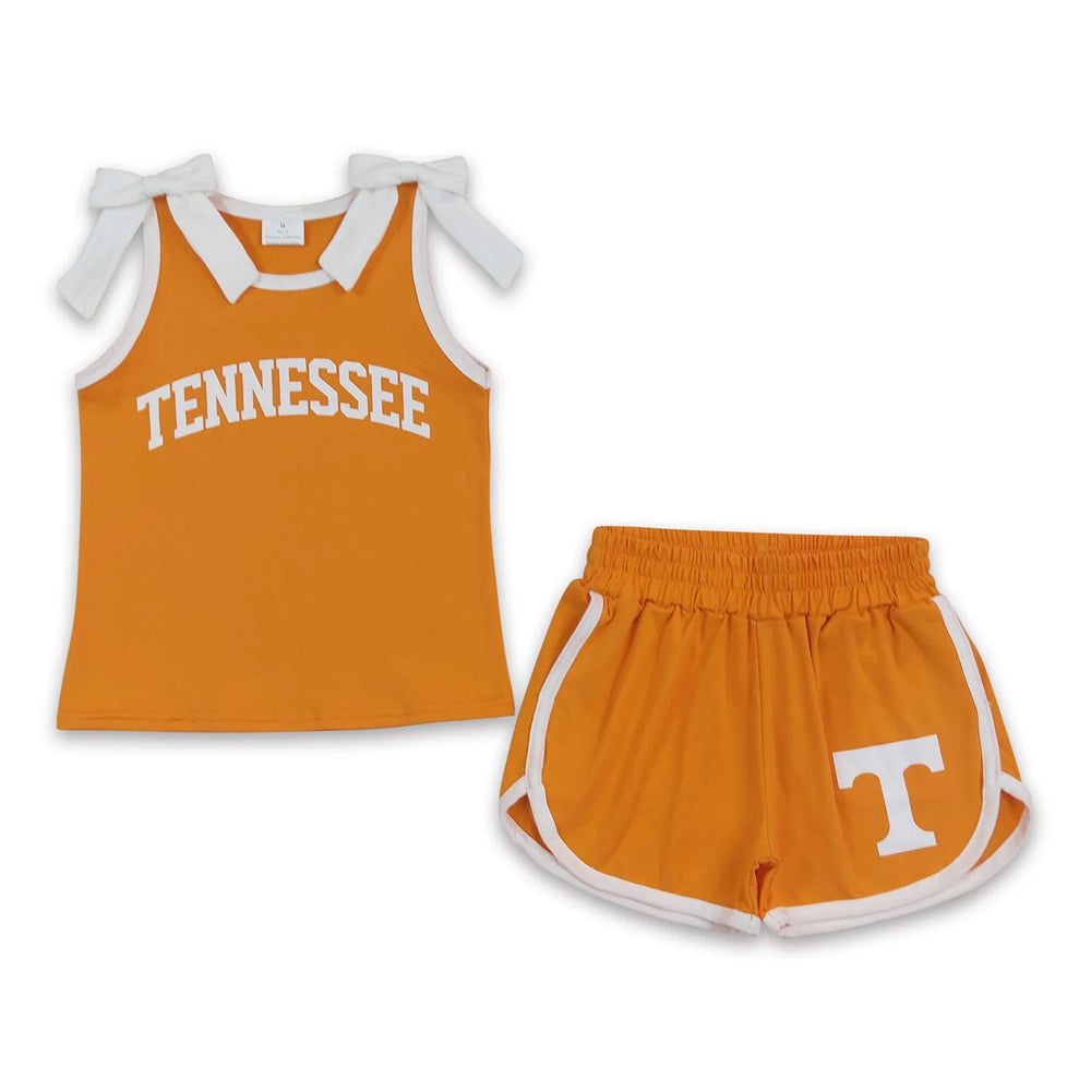 RTS NO MOQ Sibling Vinyl Baby Girls Team Graphic Top With White Bow Matching Shorts Team Clothes Set