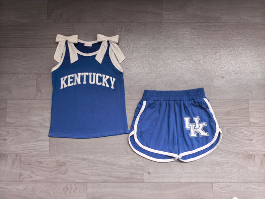 (Sample) No moq milk silk GSSO3830 Vinyl Baby Girls Team Solid White Bow Sleeveless Blue Print Top Elastic Waist Short Bottom Outfit Set