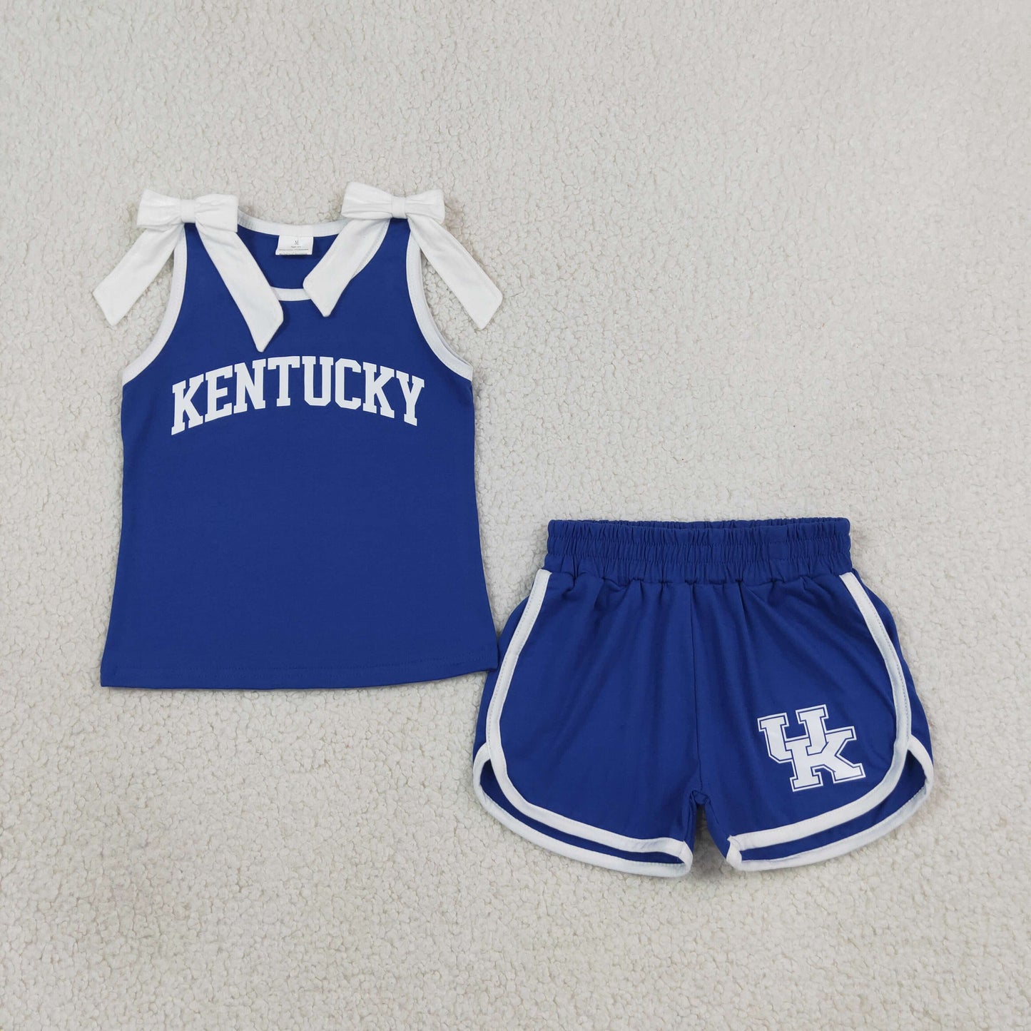 NEW RTS NO MOQ Vinyl GSSO3830 Baby Girls White Bows Blue Kentucky Top Short Team Clothes Sets